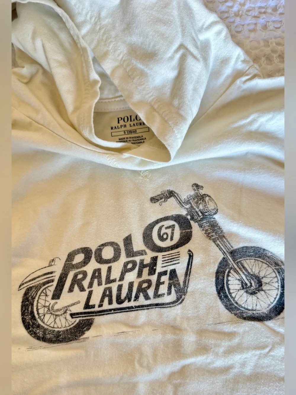 Polo Ralph Lauren Cream Hoodie Long Sleeve tees with Motorcycle Graphic